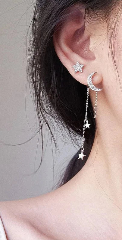 Moon Star Zircon Tassel Earrings
