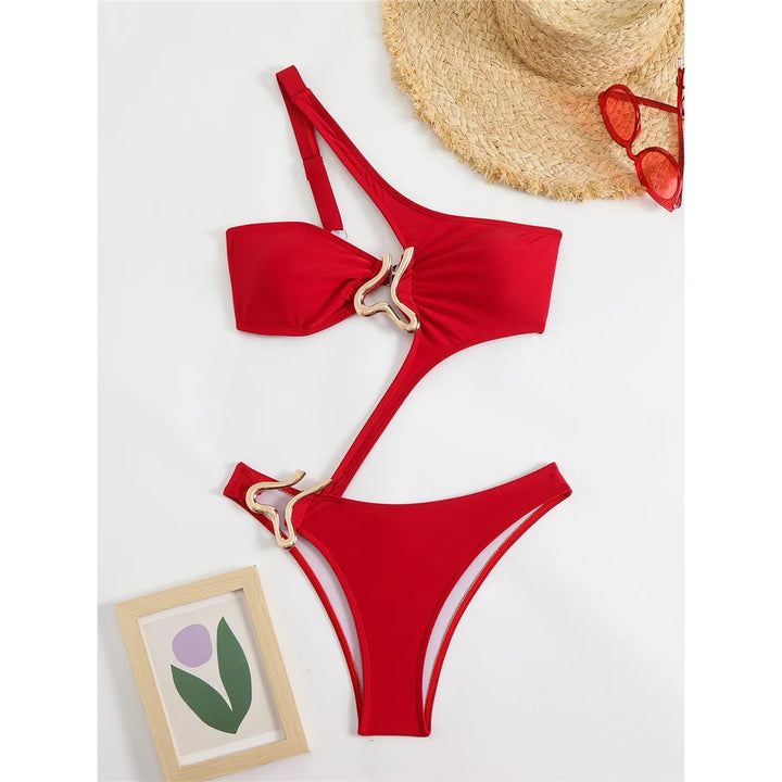 One Shoulder Asymmetric Swimsuit Red