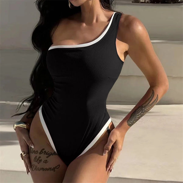 One Shoulder Ribbed Contrast Swimsuit