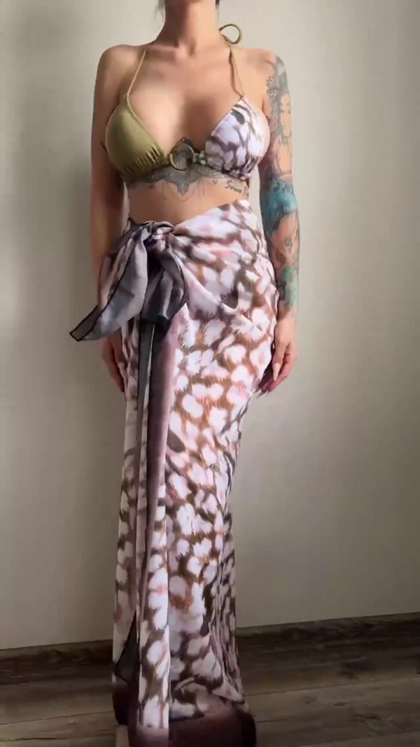 Printed Splicing Bikini With Sarong