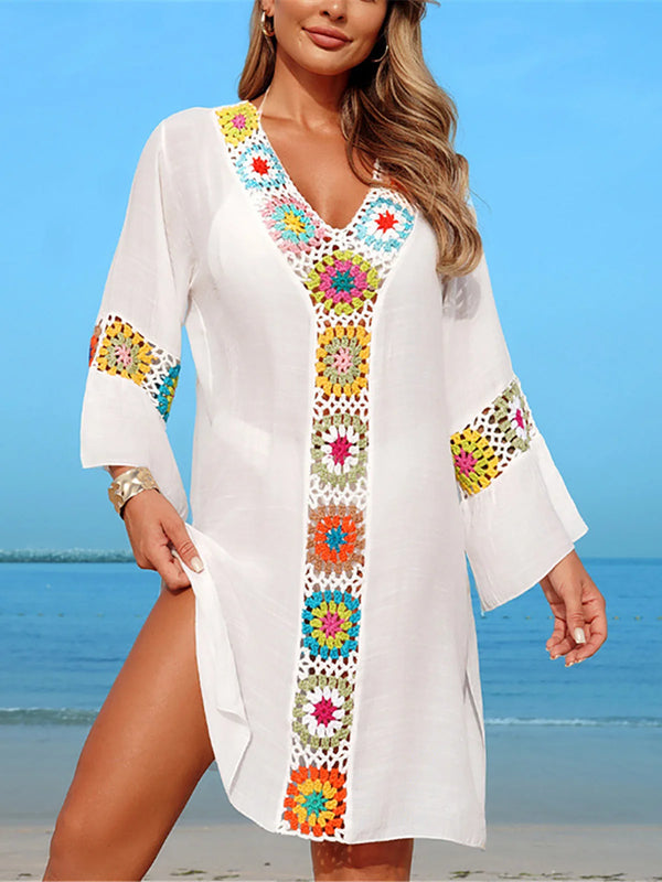 Printed V Neck Long Sleeve Crochet
