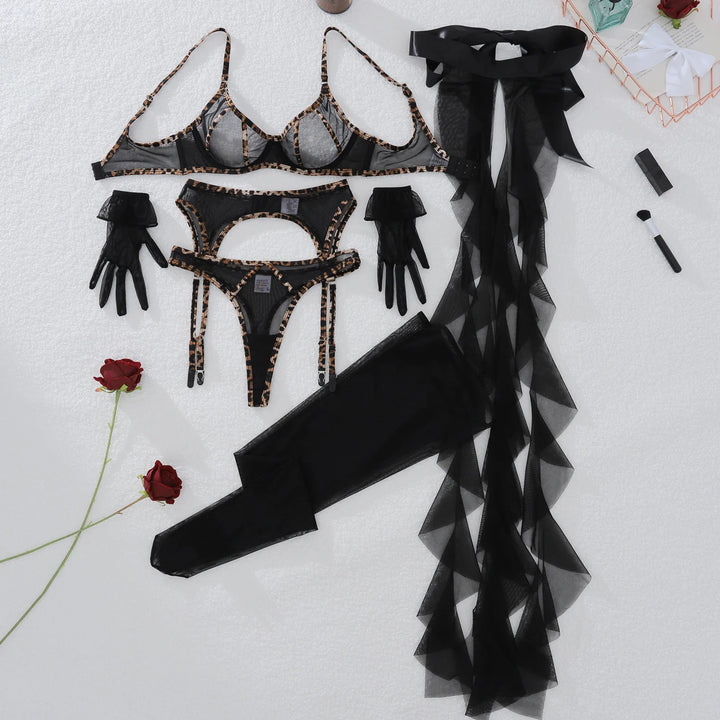 Ruffle Mesh Leopard Exotic Lingerie Black