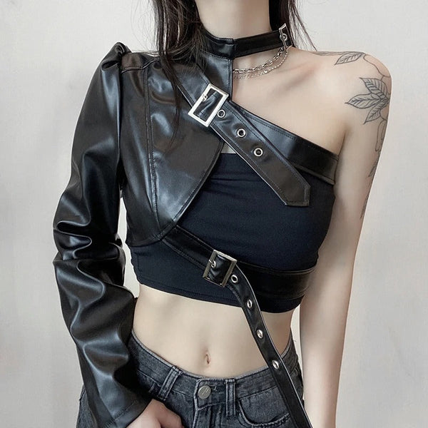 Single Shoulder Leather Top