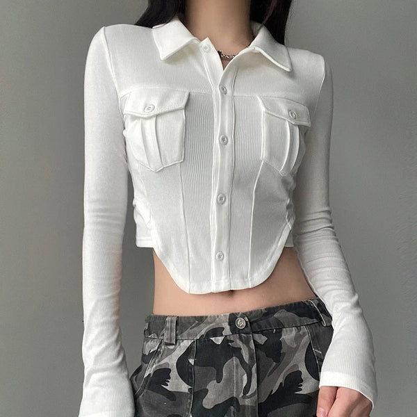 Solid Button Up Crop Top