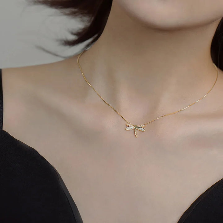 Sparkling Dragonfly Chain Necklace Gold Color