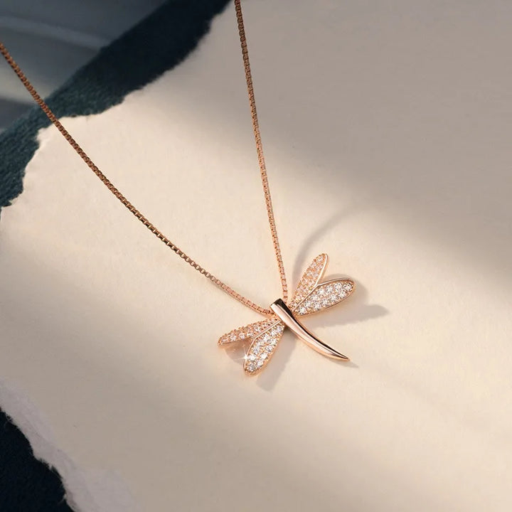 Sparkling Dragonfly Chain Necklace Rose Gold Color