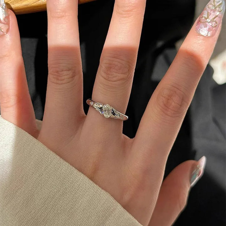 Sparkling Ellipse Zircon Ring Silver Color resizable