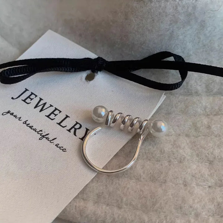Spiral Geometric Pearl Ring Silver resizable