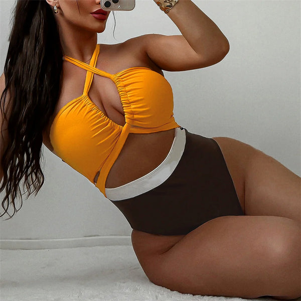 Splicing Cut Out Halter Swimsuit