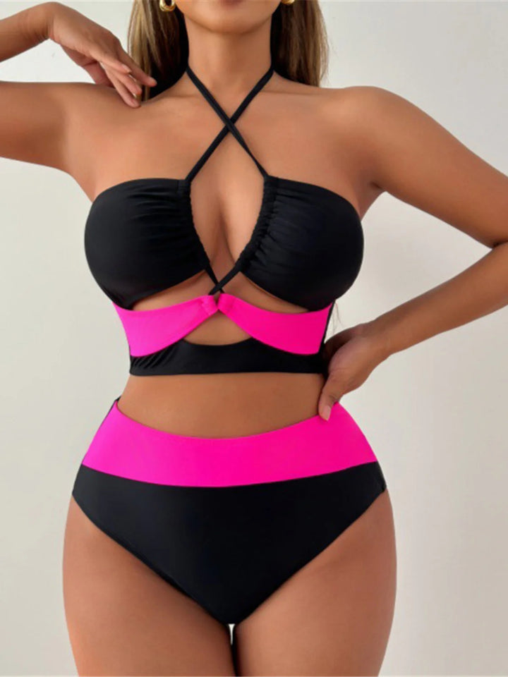 Splicing Halter Cut Out Bikini Hot Pink