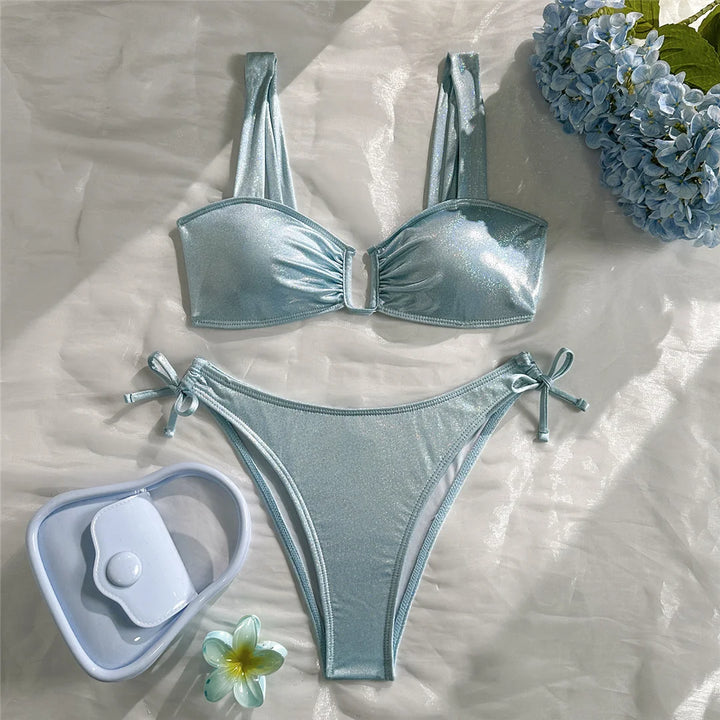 U Shaped Glitter Bikini Blue