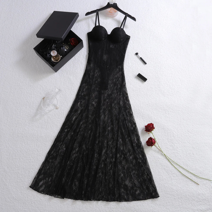 Ultra Long Lace Lingerie Dress Black