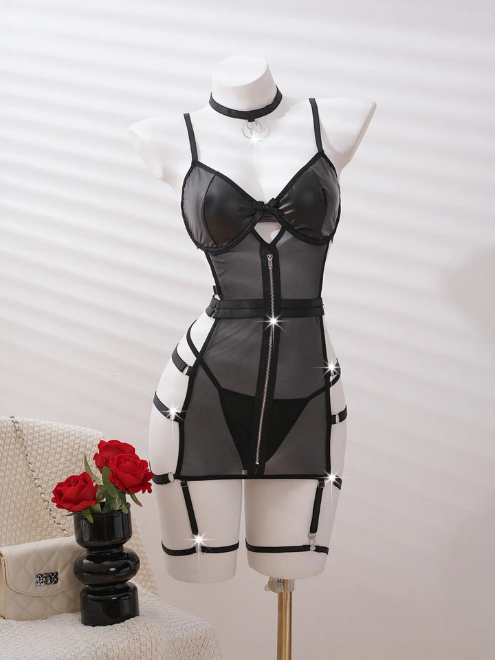 Zip Up Leather Sheer Mini Dress Lingerie Black