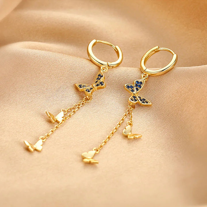 Zircon Butterfly Tassel Earrings Gold Color