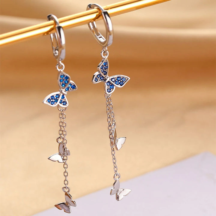 Zircon Butterfly Tassel Earrings Silver Color