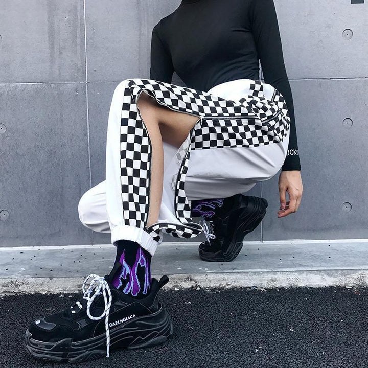Checker Side Zipper Pants - Cargo Chic