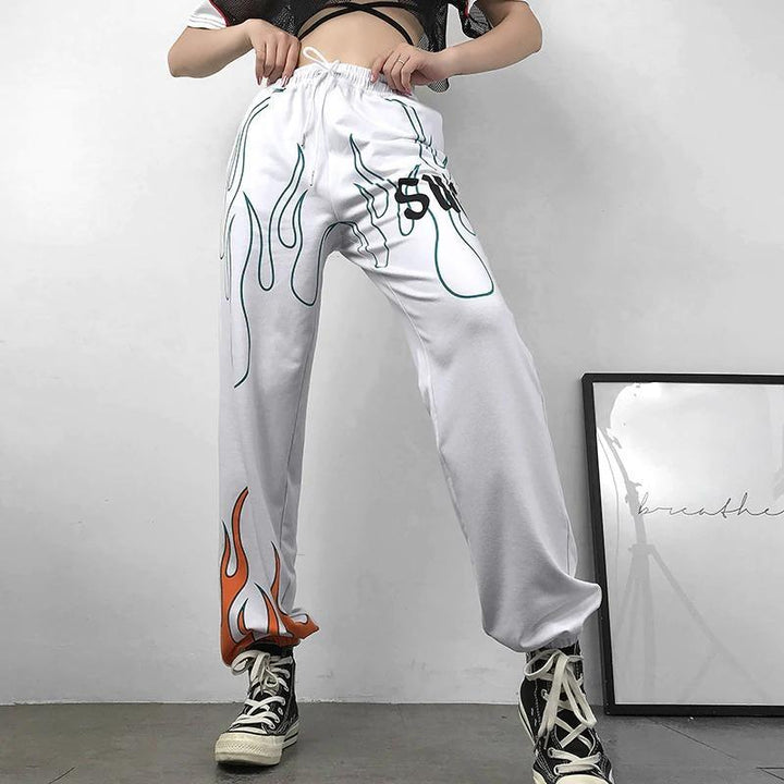 Color Flaming Fire Printed Sweat Pants - Cargo Chic