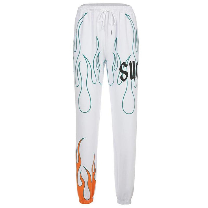 Color Flaming Fire Printed Sweat Pants - Cargo Chic