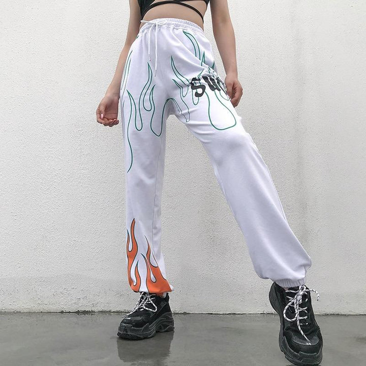 Color Flaming Fire Printed Sweat Pants - Cargo Chic