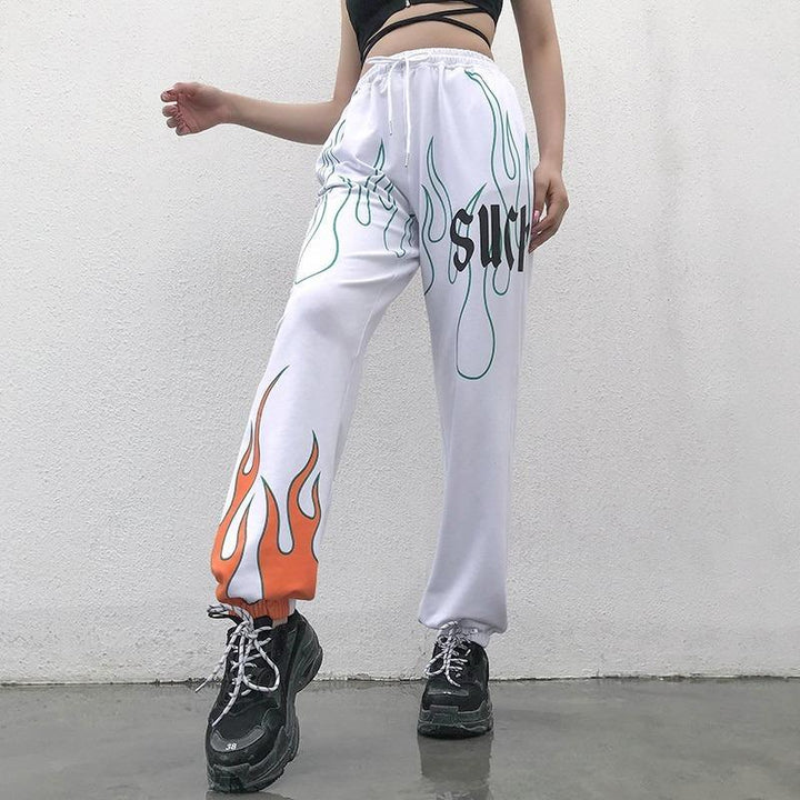 Color Flaming Fire Printed Sweat Pants - Cargo Chic