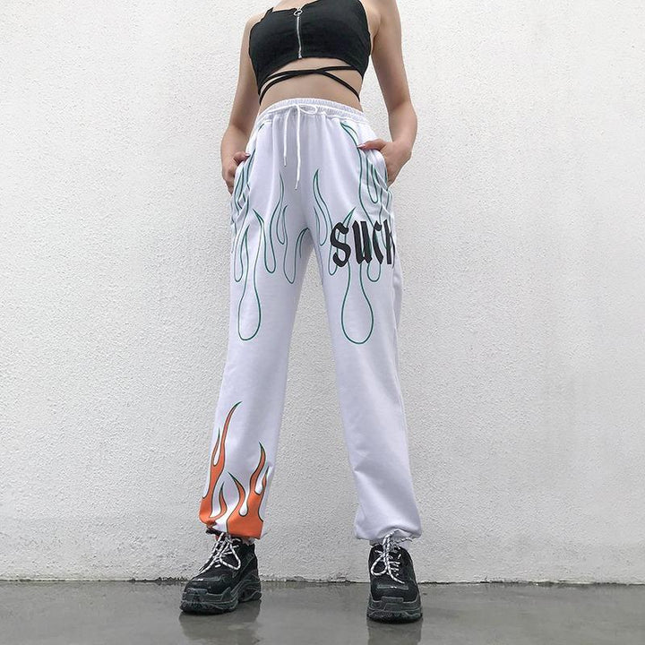 Color Flaming Fire Printed Sweat Pants - Cargo Chic