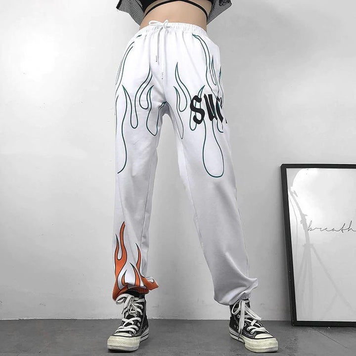 Color Flaming Fire Printed Sweat Pants - Cargo Chic