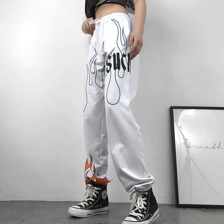 Color Flaming Fire Printed Sweat Pants - Cargo Chic