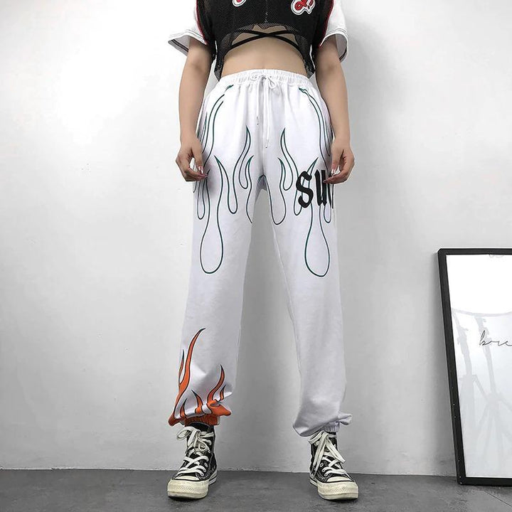 Color Flaming Fire Printed Sweat Pants - Cargo Chic