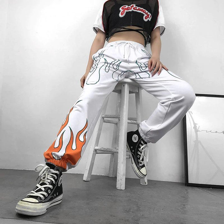 Color Flaming Fire Printed Sweat Pants - Cargo Chic