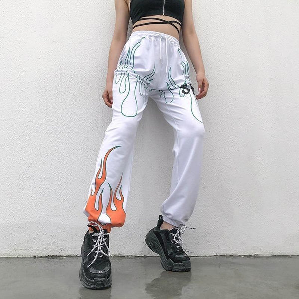 Color Flaming Fire Printed Sweat Pants - Cargo Chic