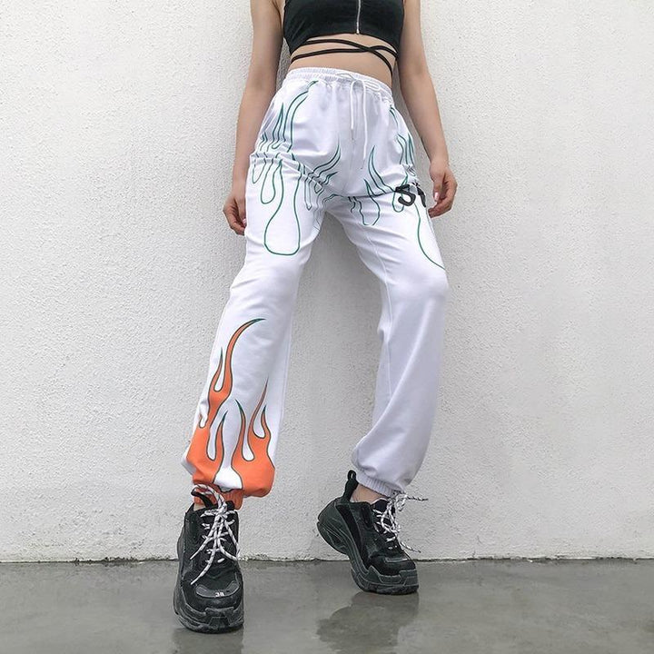 Color Flaming Fire Printed Sweat Pants - Cargo Chic