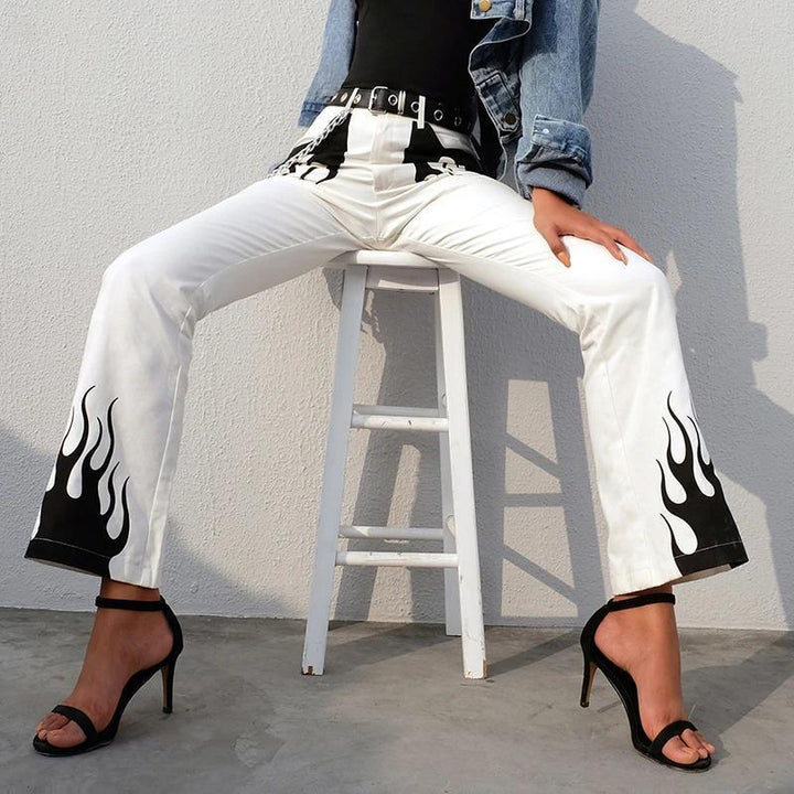 Flaming Fire Print Flare Cargo Pants - Cargo Chic