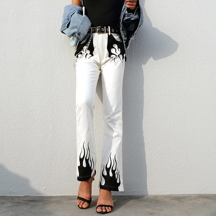 Flaming Fire Print Flare Cargo Pants - Cargo Chic