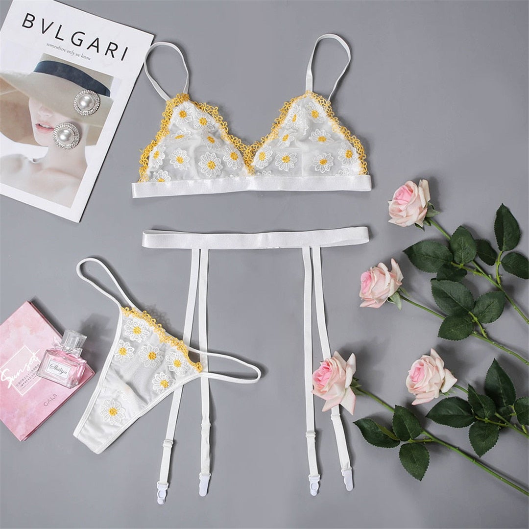 Floral Embroidery Erotic Lace Lingerie Set