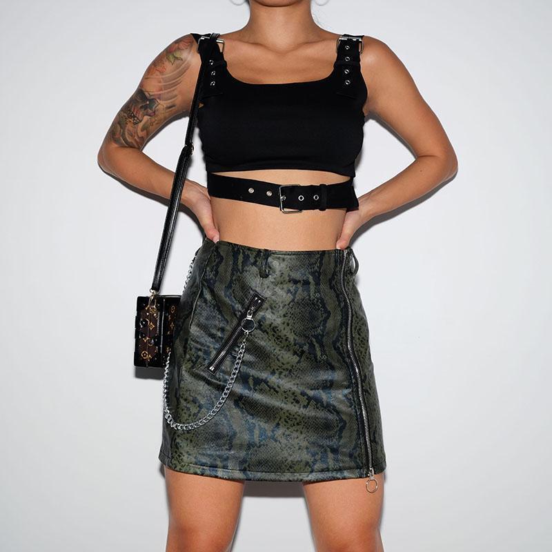 Green Snake Print Leather Chained Skirt - Cargo Chic