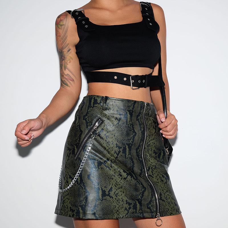 Green Snake Print Leather Chained Skirt - Cargo Chic